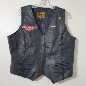 Hudson Leather Black Leather Pockets Embroidered Zip Biker Vest Size 3XL